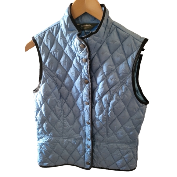 Eddie Bauer Down Filled Quilted Snowflake  Baby Blue and Brown Vest Size Med. - Picture 3 of 6